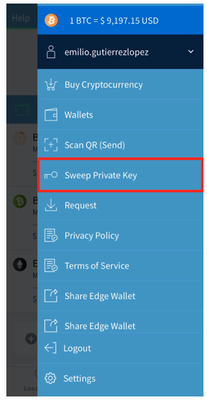 Select “Sweep Private Key”