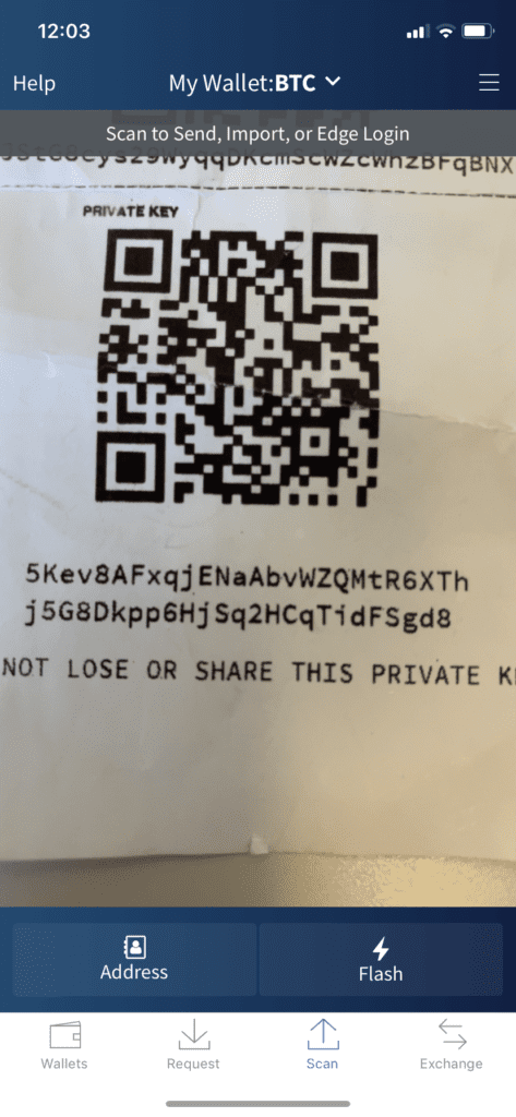 Paper Bitcoin wallet Private Key being scanned