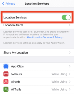 Turn on location services on an iPhone.