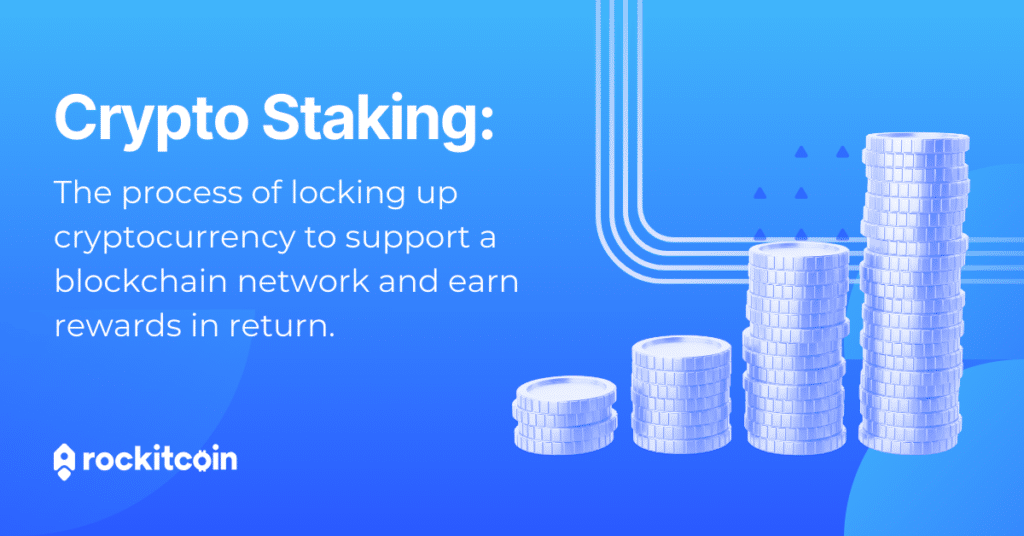 Crypto staking is the process of locking up cryptocurrency to support a blockchain network and earn rewards in return.